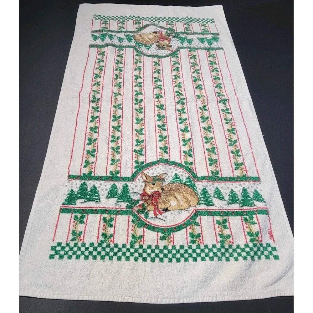 Vintage Bathworks Baby Deer Fawn Mistle‎ Toe White Christmas Bath Towel